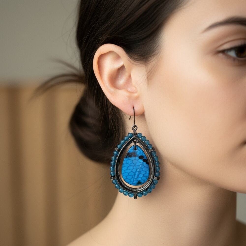 3/$25 - Blue Teardrop Earrings Statement Beaded Dangle Earrings
